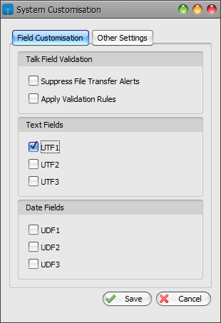 System Customisation Window