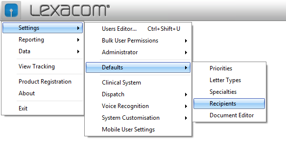 Click on the Lexacom icon, then Settings, then Defaults and then Recipients